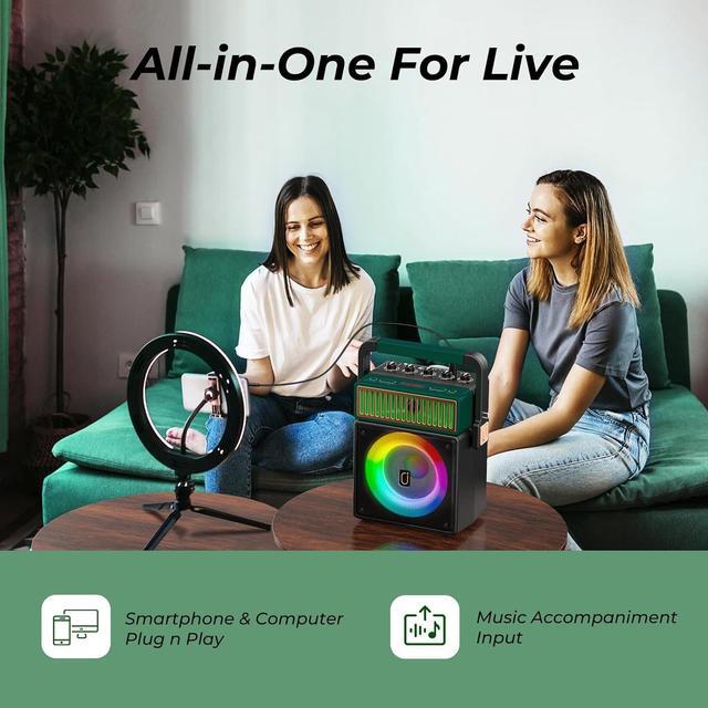 Alt view image 3 of 7 - Karaoke Machine with 2 Wireless Mics, Retro Bluetooth Speaker for Adults, PA Speaker System with Colorful LED Lights, Supports BT/USB/TF Card/AUX-in/MIC Input for Home Party