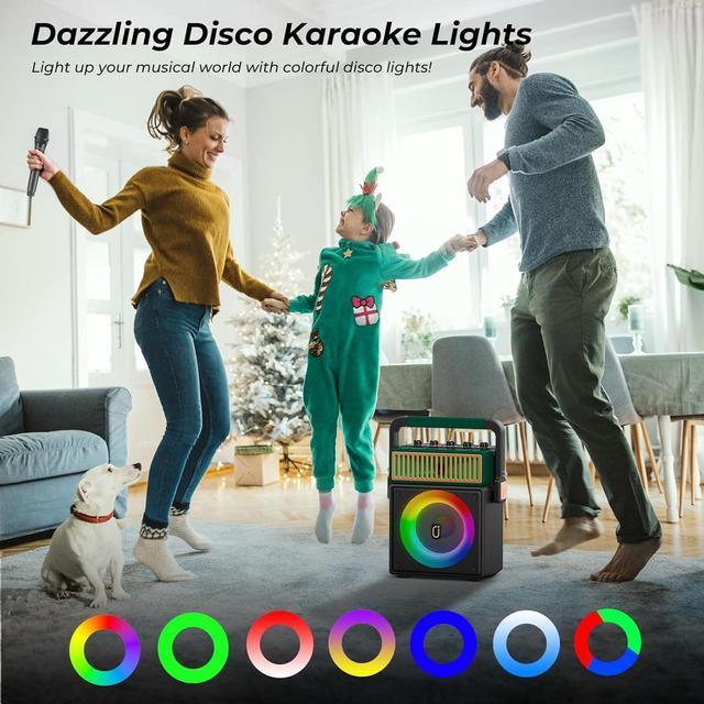 Alt view image 4 of 7 - Karaoke Machine with 2 Wireless Mics, Retro Bluetooth Speaker for Adults, PA Speaker System with Colorful LED Lights, Supports BT/USB/TF Card/AUX-in/MIC Input for Home Party