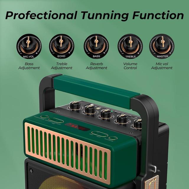 Alt view image 6 of 7 - Karaoke Machine with 2 Wireless Mics, Retro Bluetooth Speaker for Adults, PA Speaker System with Colorful LED Lights, Supports BT/USB/TF Card/AUX-in/MIC Input for Home Party