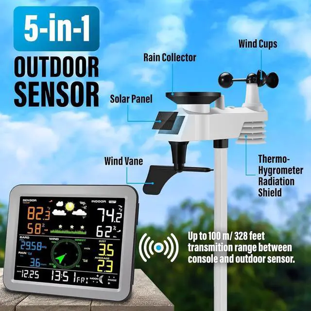 Alt view image 2 of 6 - Weather Station Wireless with 7-in-1 Sensor,Indoor Outdoor Thermometer,Big Display Digital with Humidity,Rain Gauge,Wind Speed,Forecast,Alarm