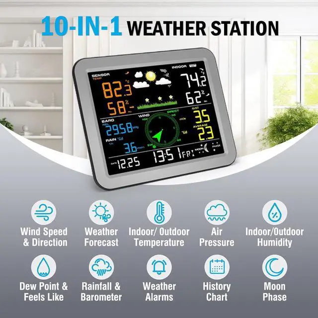 Alt view image 4 of 6 - Weather Station Wireless with 7-in-1 Sensor,Indoor Outdoor Thermometer,Big Display Digital with Humidity,Rain Gauge,Wind Speed,Forecast,Alarm