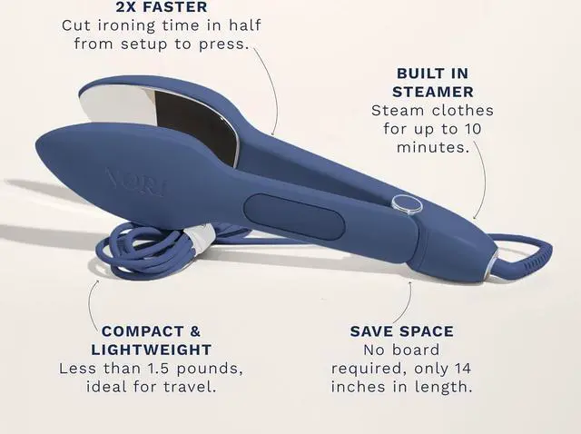 Alt view image 3 of 7 - Travel Steam Iron - Handheld Iron With Optional Steam Feature - No Ironing Board Required - Easy to Use w/ 6 Fabric Settings - Removes Wrinkles - Navy