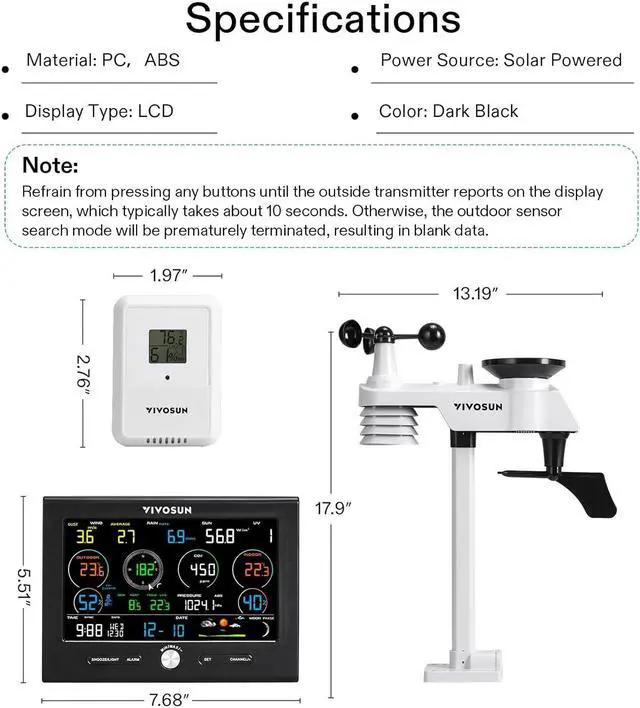 Alt view image 2 of 7 - 18-in-1 Wi-Fi Weather Station with Outdoor Sensor, CO2 Monitor, Color Display Console, Indoor/Outdoor Weather Thermometer, Weather Forecast, Alarm Function, Wind Speed/Direction, Rain Gauge