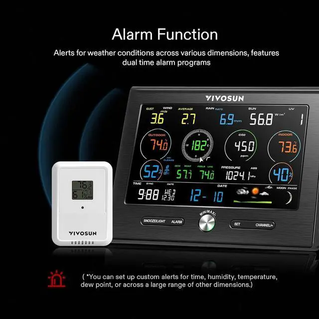 Alt view image 6 of 7 - 18-in-1 Wi-Fi Weather Station with Outdoor Sensor, CO2 Monitor, Color Display Console, Indoor/Outdoor Weather Thermometer, Weather Forecast, Alarm Function, Wind Speed/Direction, Rain Gauge
