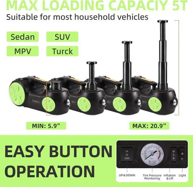 Alt view image 2 of 7 - Upgraded Electric Car Jack Kit 5 Ton Floor Jack Hydraulic with Tire Inflator Lifting Range: 5.9-20.90 inch,Car Lift for Vehicle Roadside Emergency Tire Repair Kit (Jack Only, Green)