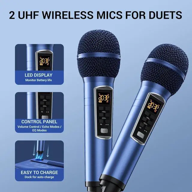 Alt view image 3 of 7 - Karaoke Machine for Adults, Portable Bluetooth PA Speaker with 2 UHF Wireless Microphones and LED Lights, Supports BT/AUX/USB/Type C/TF Card, PA System for Party, Home Karaoke, Outdoor/Indoor K9