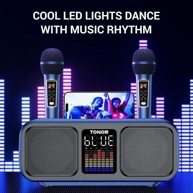 Alt view image 4 of 7 - Karaoke Machine for Adults, Portable Bluetooth PA Speaker with 2 UHF Wireless Microphones and LED Lights, Supports BT/AUX/USB/Type C/TF Card, PA System for Party, Home Karaoke, Outdoor/Indoor K9