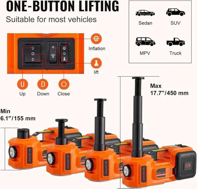 Alt view image 3 of 7 - Electric Car Jack, 5 Ton/11023 LBS Hydraulic Jack Lift with Electric Impact Wrench, Built-in Inflatable Pump, and LED Light for SUV MPV Sedan Truck Change Tires Garage Repair