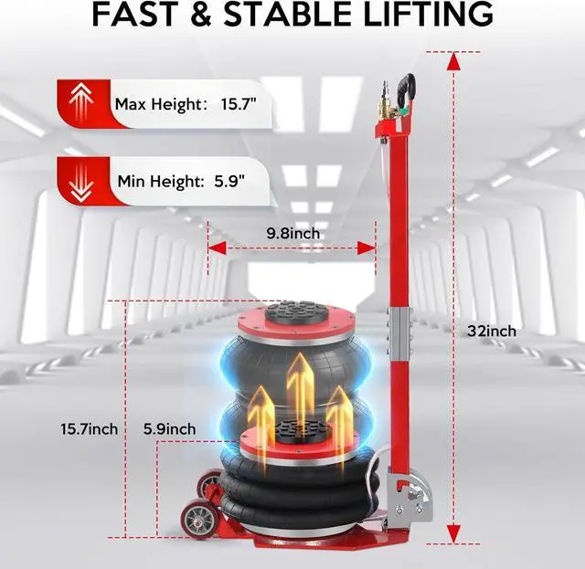 Alt view image 3 of 7 - Air Jack 3 Ton 6600lbs Pneumatic Jack with Grip Guard, 3s Fast Lifting Height Up to 15.7 Inch, Air Jacks for Cars with Adjustable Long Handle Heavy-Duty Triple Bag Air Jack Red
