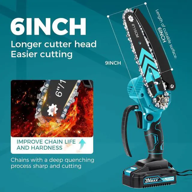 Alt view image 4 of 7 - 6 Inch Portable Electric Chainsaw Cordless, Small Handheld Chain saw for Tree Branches,Courtyard, Household and Garden,By 2PCS 20V 1500mAh Batteries,Extra 3 PCS Chain