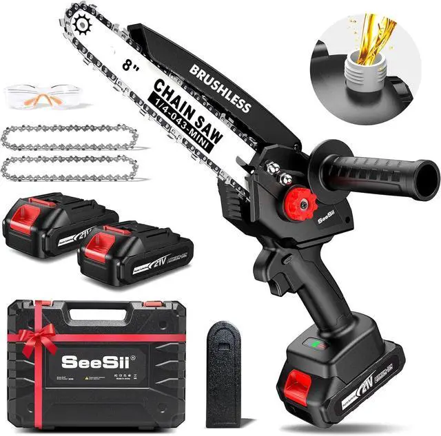 Main image of Mini Chainsaw 8 inch DL07, Electric Chainsaw Cordless, Upgraded Brushless Chainsaw with Auto Oiler, 2pcs 2000mAh Batteries, Battery Powered Saws Handheld Chain Saw for Tree Branch Wood Cutting