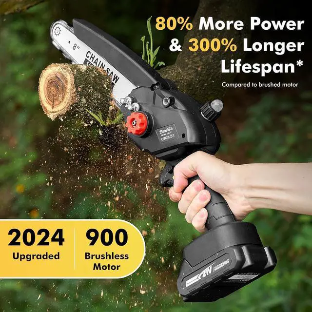 Alt view image 3 of 7 - Mini Chainsaw 8 inch DL07, Electric Chainsaw Cordless, Upgraded Brushless Chainsaw with Auto Oiler, 2pcs 2000mAh Batteries, Battery Powered Saws Handheld Chain Saw for Tree Branch Wood Cutting