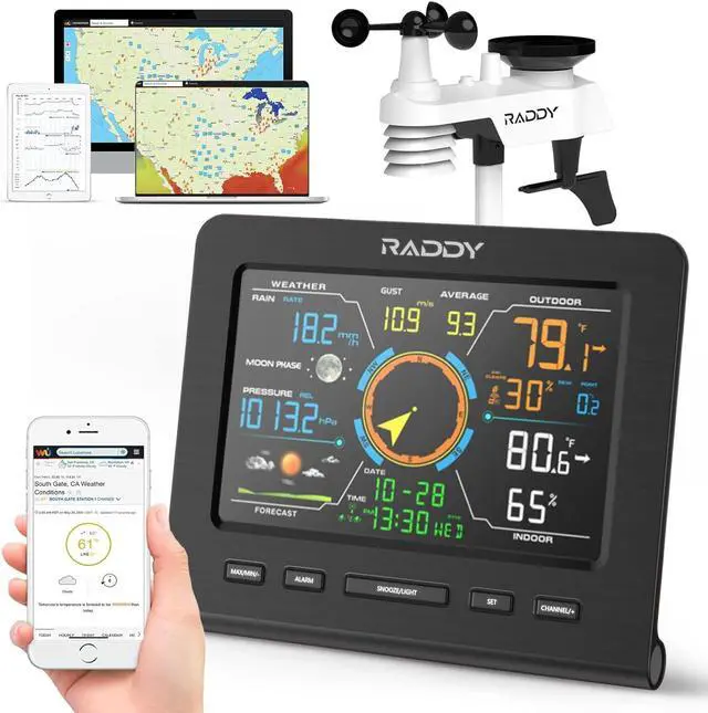 Main image of WF-100C Lite Weather Station Wireless Indoor Outdoor with Temperature, Barometric, Humidity, Wind Gauge, Rain Gauge, Weather Forecast, Moon Phase, Alarm Clock for Home, Garden