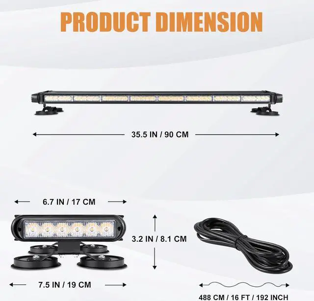 Alt view image 4 of 6 - Strong Magnetic Safety Flashing 108 LED Amber White Emergency Light Bar for Trucks Snow Plows Construction Vehicles Security Cars, Roof Top Strobe Beacon Lightbar with Controller