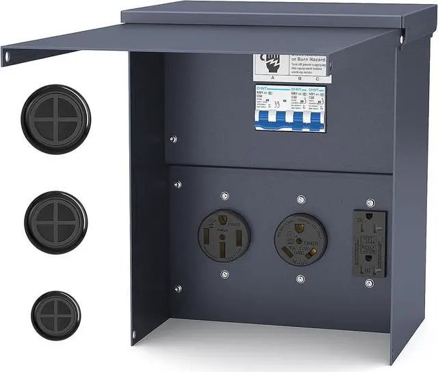 Main image of Power Outlet Panel Weatherproof, Thicker RV Pedeatal Electrical Breaker Box with 20, 30, 50 Amp Receptacle Installed and Prewired for Hookup RV Camper Travel Trailer Motorhome