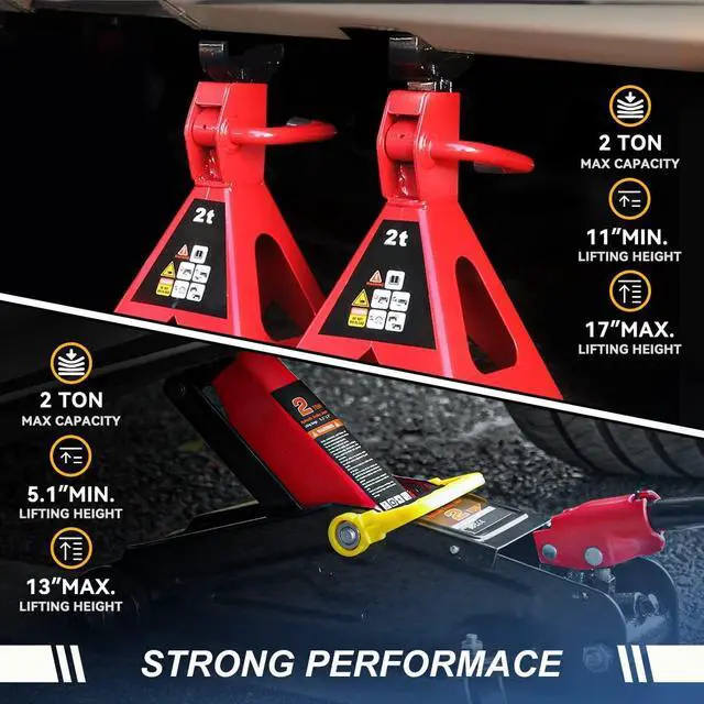 Alt view image 2 of 7 - 2 Ton (4000 lbs) Capacity Floor Jack Low Profile Garage Hydraulic Trolley Service Lift Floor Jack Combo with Ratchet Jack Stands for SUV, Car and Truck, Red/Black
