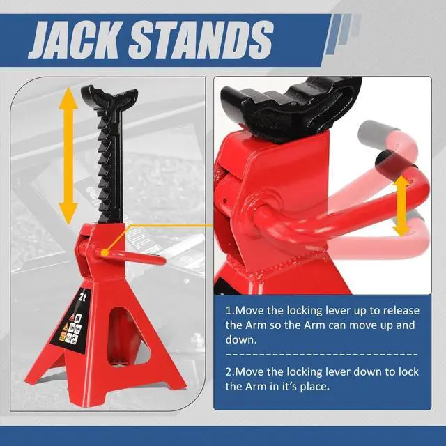 Alt view image 3 of 7 - 2 Ton (4000 lbs) Capacity Floor Jack Low Profile Garage Hydraulic Trolley Service Lift Floor Jack Combo with Ratchet Jack Stands for SUV, Car and Truck, Red/Black