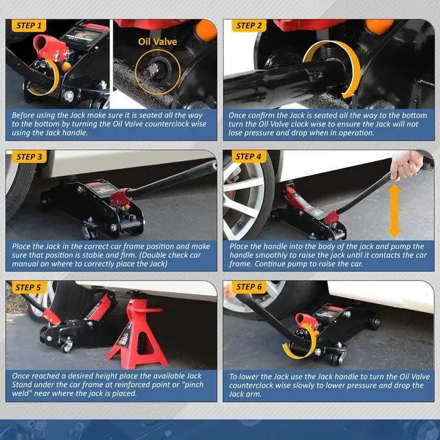 Alt view image 5 of 7 - 2 Ton (4000 lbs) Capacity Floor Jack Low Profile Garage Hydraulic Trolley Service Lift Floor Jack Combo with Ratchet Jack Stands for SUV, Car and Truck, Red/Black