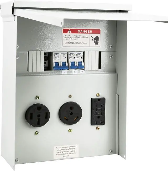 Main image of Power Outlet Panel, with 20, 30, 50 Amp Receptacle Installed, Tocretoare Prewired RV Power Outlet Box, NEMA 3R Enclosed and Weatherproof, Fit for RV Camper Travel and Construction Sites