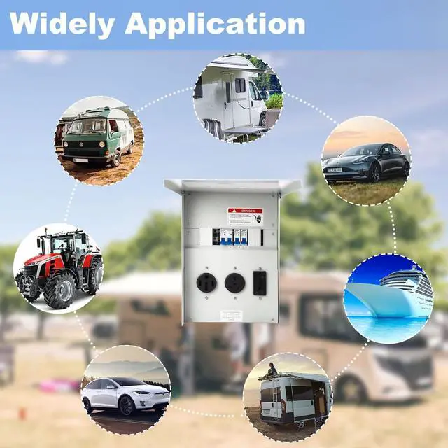 Alt view image 4 of 6 - Power Outlet Panel, with 20, 30, 50 Amp Receptacle Installed, Tocretoare Prewired RV Power Outlet Box, NEMA 3R Enclosed and Weatherproof, Fit for RV Camper Travel and Construction Sites