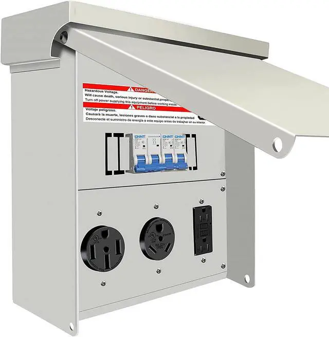 Main image of Power Outlet Panel, RV Electrical Outlet Panel with 20, 30, 50 Amp Receptacle Installed, with Breaker, Prewired and Unmetered, Weatherproof, Fit for motorhomes and Construction Sites