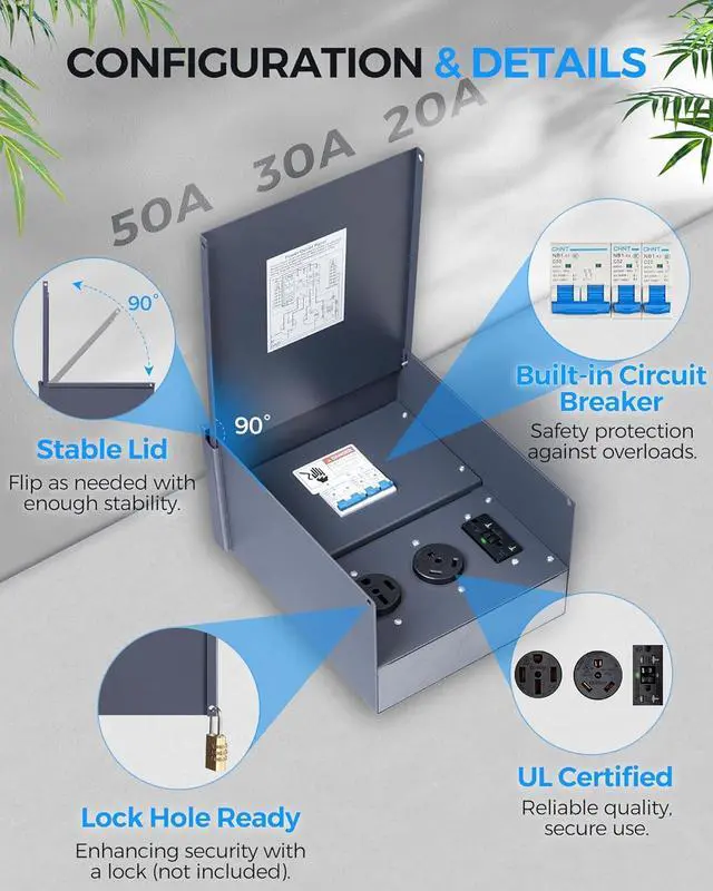 Alt view image 3 of 7 - Power Outlet Panel, Weatherproof RV Electrical Outlet Panel, RV Electrical Breaker Box with 20/30/50 Amp Receptacle Installed, Prewired Circuit for RV's Campers Motorhomes U65OB06