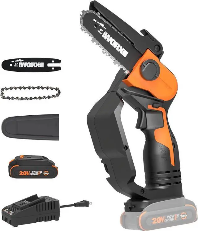 Main image of 20V 5" Mini Cordless Chainsaw, 3.9 lbs, 22 ft/s Chain Speed, Power Share Battery, Upper & Hand Guard WG324 - Battery & Charger Included