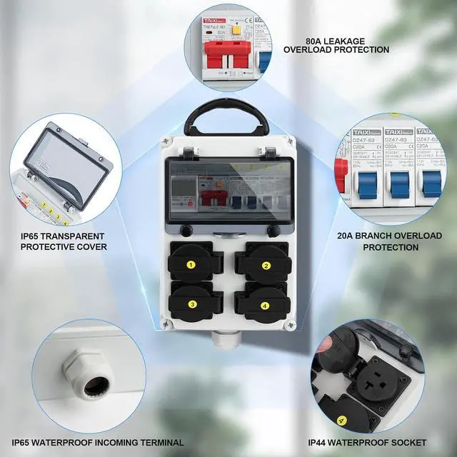 Alt view image 3 of 7 - Power Distribution Box, 110V 80A Electricity Meter Electrical Box with NEMA 5-20 Power Outlet Pane,IP54 Electrical Breaker Socket Distribution Box for Construction Sites, workshops and Factories