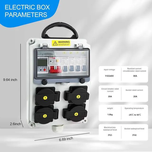 Alt view image 6 of 7 - Power Distribution Box, 110V 80A Electricity Meter Electrical Box with NEMA 5-20 Power Outlet Pane,IP54 Electrical Breaker Socket Distribution Box for Construction Sites, workshops and Factories