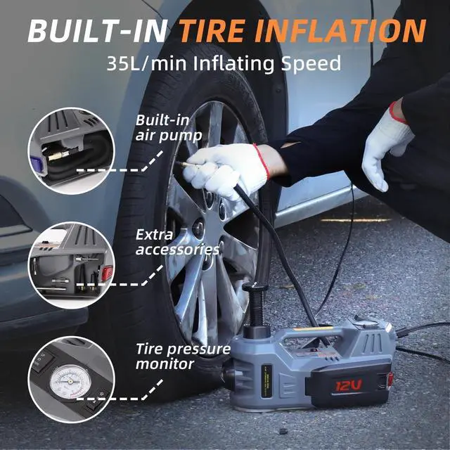 Alt view image 3 of 6 - Electric Car Jack with Tire Inflator 5 Ton Floor Jack Hydraulic, Electric Hydraulic Jack with LED Light Car Lift for VehicleRoadside Emergency Tire Repair Kit (Gray)