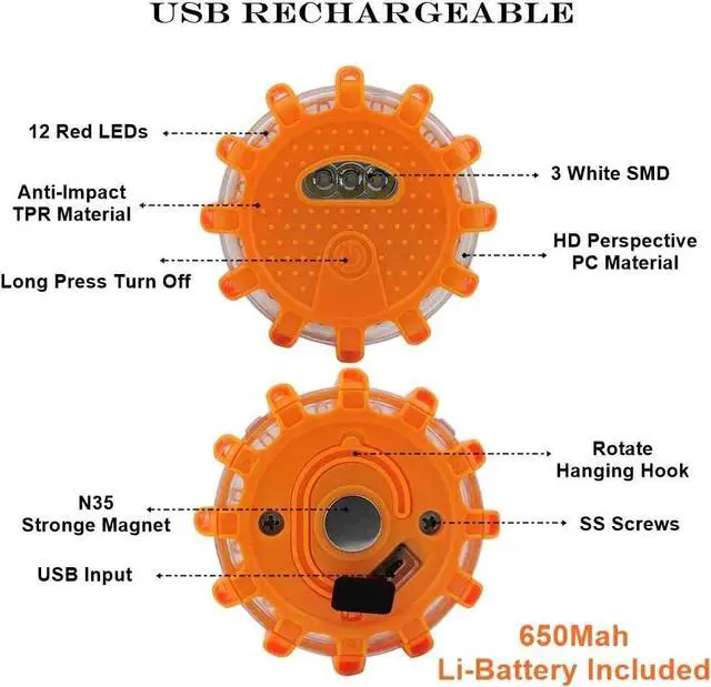 Alt view image 2 of 7 - USB Rechargeable LED Road Flares Emergency Lights-Roadside Warning Car Safety Beacon Flashing Disc Flare Kit with Magnetic Base for Vehicles & Boat | 12 Beacon Disc Pack