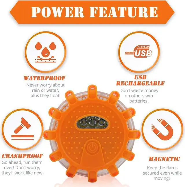 Alt view image 3 of 7 - USB Rechargeable LED Road Flares Emergency Lights-Roadside Warning Car Safety Beacon Flashing Disc Flare Kit with Magnetic Base for Vehicles & Boat | 12 Beacon Disc Pack