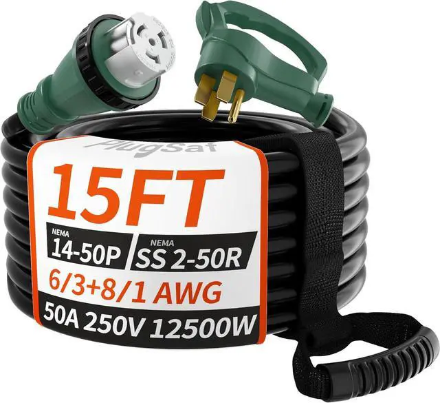 Main image of 50 Amp Generator Cord, 15FT 50 Amp RV Extension Cord with Twist Lock, Generator Cord 50A 4 Prong Green, NEMA 14-50P/SS2-50R Heavy Duty 6/3+8/1 AWG STW Wire for RV Camper & Generator to House
