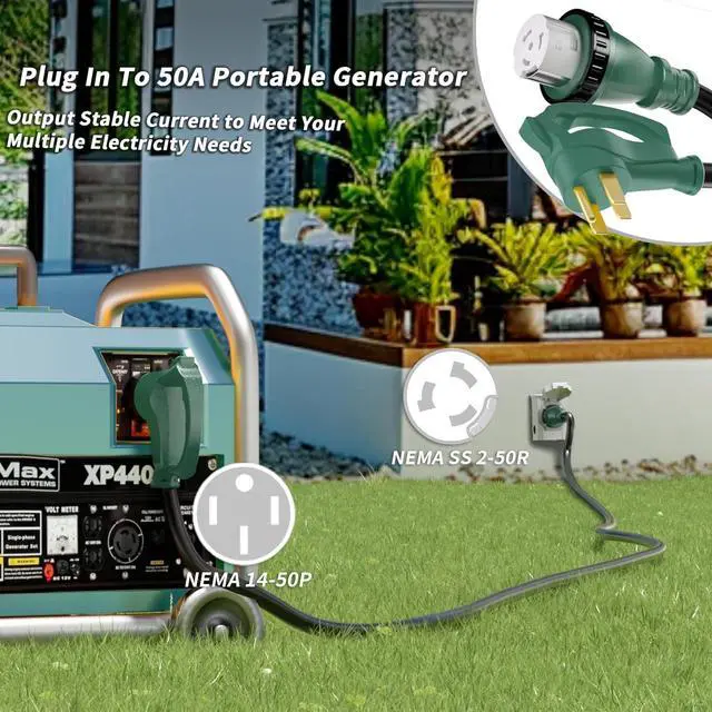 Alt view image 2 of 7 - 50 Amp Generator Cord, 15FT 50 Amp RV Extension Cord with Twist Lock, Generator Cord 50A 4 Prong Green, NEMA 14-50P/SS2-50R Heavy Duty 6/3+8/1 AWG STW Wire for RV Camper & Generator to House