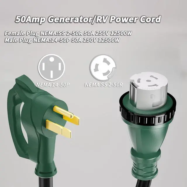Alt view image 4 of 7 - 50 Amp Generator Cord, 15FT 50 Amp RV Extension Cord with Twist Lock, Generator Cord 50A 4 Prong Green, NEMA 14-50P/SS2-50R Heavy Duty 6/3+8/1 AWG STW Wire for RV Camper & Generator to House