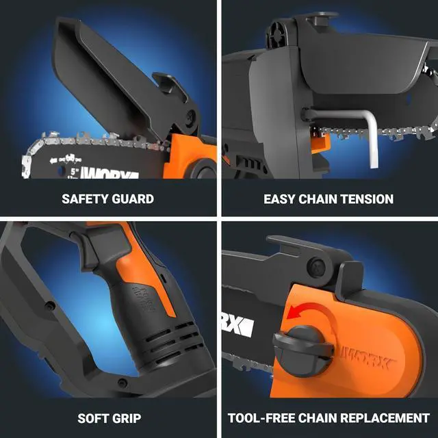 Alt view image 7 of 7 - 20V 5" Mini Cordless Chainsaw, 3.9 lbs, 22 ft/s Chain Speed, Power Share Battery, Upper & Hand Guard WG324 - Battery & Charger Included