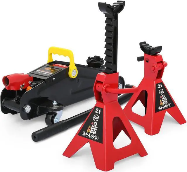 Main image of Hydraulic Trolley Floor Jack Combo with 2 Jack Stands, 2 Ton (4000 lb) Capacity, Steel Car Jacks Adjustable Height 10 3/4" to 16 3/4", Car Lift Auto Repair Tools, Red (Set of 3)