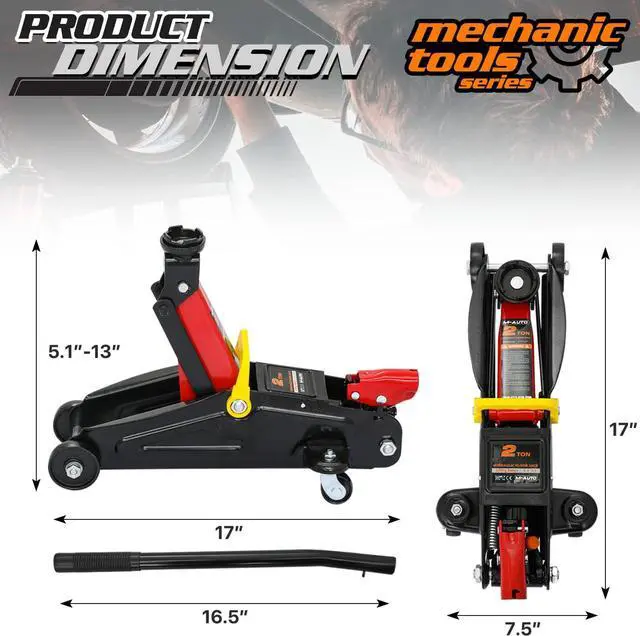 Alt view image 2 of 7 - Hydraulic Trolley Floor Jack Combo with 2 Jack Stands, 2 Ton (4000 lb) Capacity, Steel Car Jacks Adjustable Height 10 3/4" to 16 3/4", Car Lift Auto Repair Tools, Red (Set of 3)