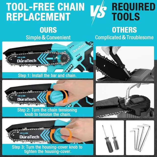 Alt view image 4 of 7 - 12V Mini Chainsaw, 6 Inch Electric Cordless Chainsaw with 2 Batteries & 2 Chains, One-Hand Operated Portable Wood Saw for Garden Tree Branch Pruning, Wood Cutting