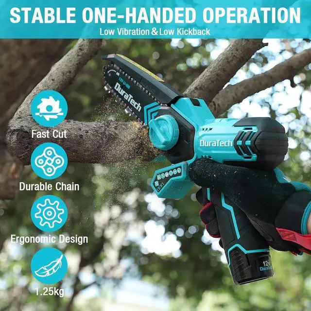 Alt view image 6 of 7 - 12V Mini Chainsaw, 6 Inch Electric Cordless Chainsaw with 2 Batteries & 2 Chains, One-Hand Operated Portable Wood Saw for Garden Tree Branch Pruning, Wood Cutting