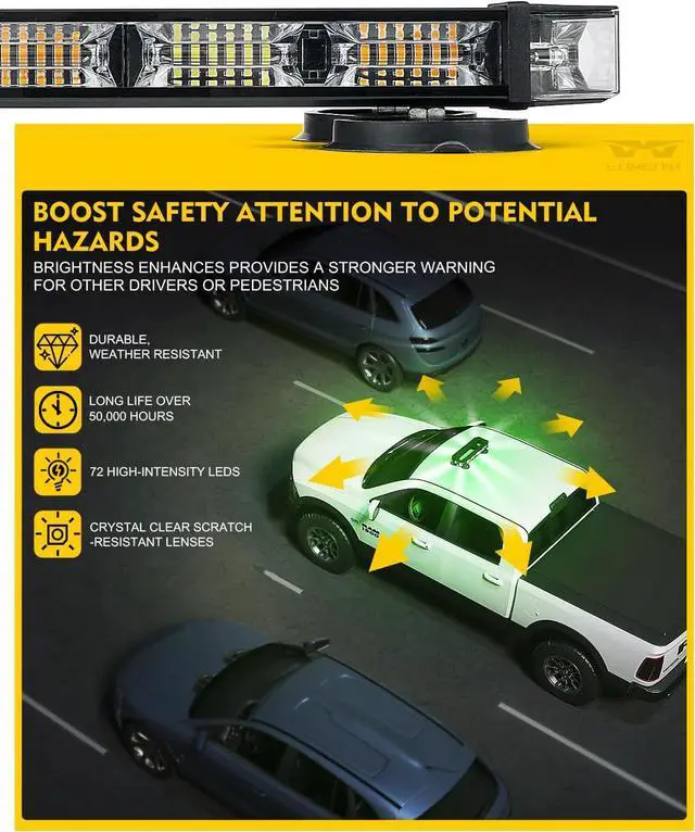 Alt view image 3 of 7 - Rooftop Strobe Beacon Lights Bar White Green LED Emergency Caution Traffic Lightbar with Heavy-Duty Magnetic Safety Warning Flashing Light for POV Law Enforcement Vehicles Tow Trucks Snowplow