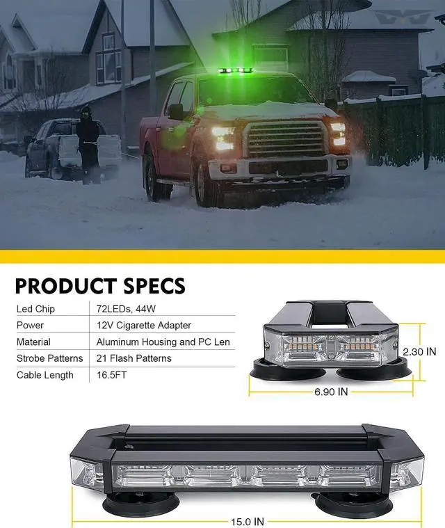 Alt view image 7 of 7 - Rooftop Strobe Beacon Lights Bar White Green LED Emergency Caution Traffic Lightbar with Heavy-Duty Magnetic Safety Warning Flashing Light for POV Law Enforcement Vehicles Tow Trucks Snowplow