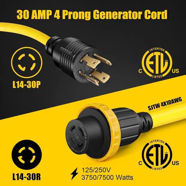 Alt view image 2 of 7 - 15FT 30 Amp Generator Power Cord and Power Inlet Box Waterproof Combo Kit, Heavey Dury NEMA L14-30P to L14-30R,125/250V 7500W 10 Gauge SJTW Generator Cord, Twist Lock Connector
