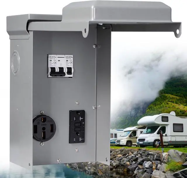 Main image of 50 Amp RV Outlet Box, RV Electrical Panel with UL Listed 50 amp+GFCI 20 amp Receptacle Installed, Temporary Power Outlet Panel Prewired Unmetered, Weatherproof