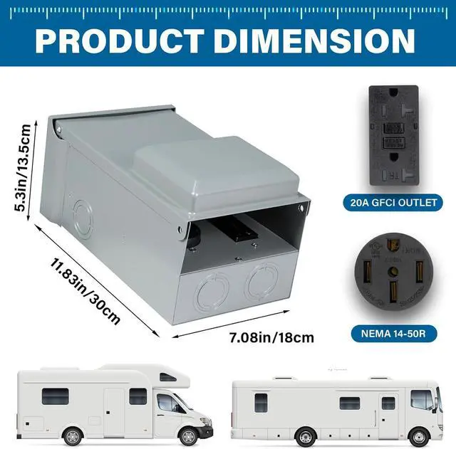 Alt view image 4 of 7 - 50 Amp RV Outlet Box, RV Electrical Panel with UL Listed 50 amp+GFCI 20 amp Receptacle Installed, Temporary Power Outlet Panel Prewired Unmetered, Weatherproof