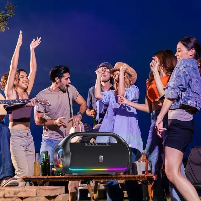 Alt view image 7 of 7 - Bluetooth Speaker, IPX5 Waterproof Portable Bluetooth Speaker with Powerful Bass & LED Lights, BT5.3, Wireless Stereo Pairing for Home Party, Beach, Outdoor Camping, Support USB/TF Card/AUX/TWS
