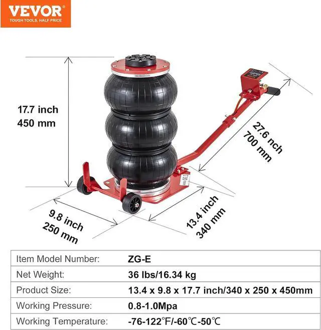 Alt view image 7 of 7 - Air Jack, 3 Ton/6600 lbs Triple Bag Air Jack, Airbag Jack with Six Steel Pipes, Lift up to 17.7 inch/450 mm, 3-5 s Fast Lifting Pneumatic Jack, with Long Handles for Cars, Garages, Repair, (Red)