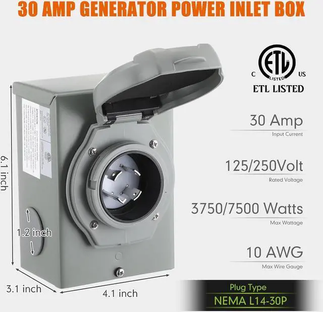 Alt view image 3 of 7 - 30 Amp 10FT Generator Cord and Pre-Drilled Power Inlet Box, 4 Prong NEMA L14-30P/L14-30R 125V/250V 7500W 10 Gauge Heavy Duty Extension Cord with Generator Interlock Kit, ETL Listed