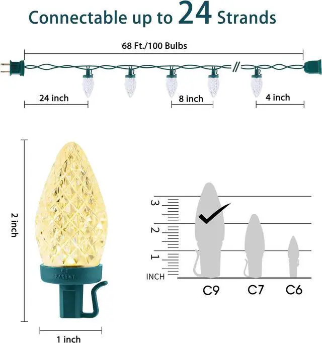 Alt view image 2 of 7 - C9 68Ft Led Christmas String Lights 100 LED with Quick Clips Outdoor Waterproof Strawberry Lights, Commercial Grade Extendable for Indoor Outside Roofline Patio Home Xmas Decoration, Warm White