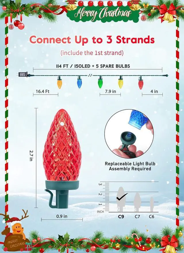 Alt view image 2 of 7 - C9 Christmas Lights Outdoor, 114 Feet 150 LED C9 String Lights with Timer & 8 Light Modes, Waterproof Commercial Grade Connectable Christmas Tree Lights for Indoor Outside Roofline Patio, Multicolor